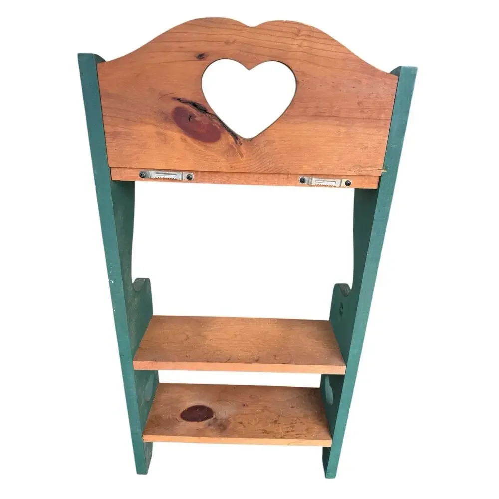 Vintage Wooden Three Tiered Wall Shelf Heart Cutout Country Green 27.5” x 14”